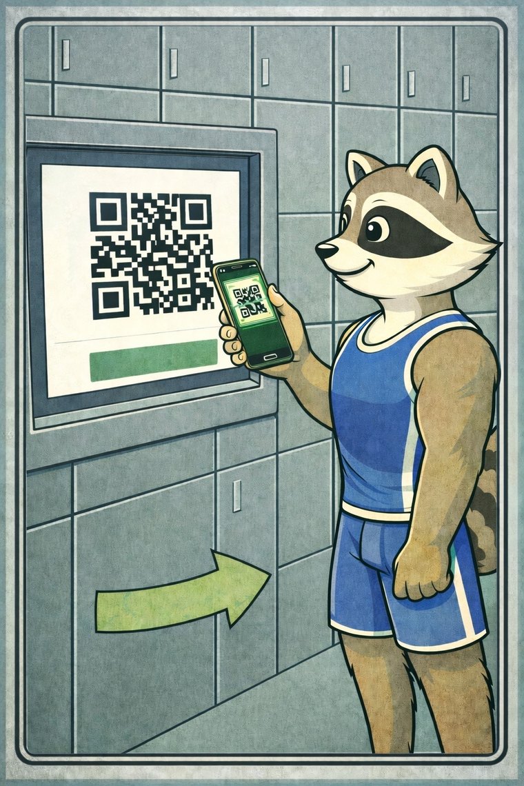 Маскот сканирует QR-код на стойке