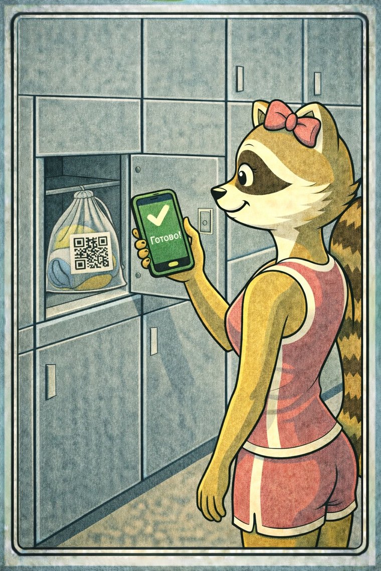 Маскот сдаёт вещи в ячейку стойки